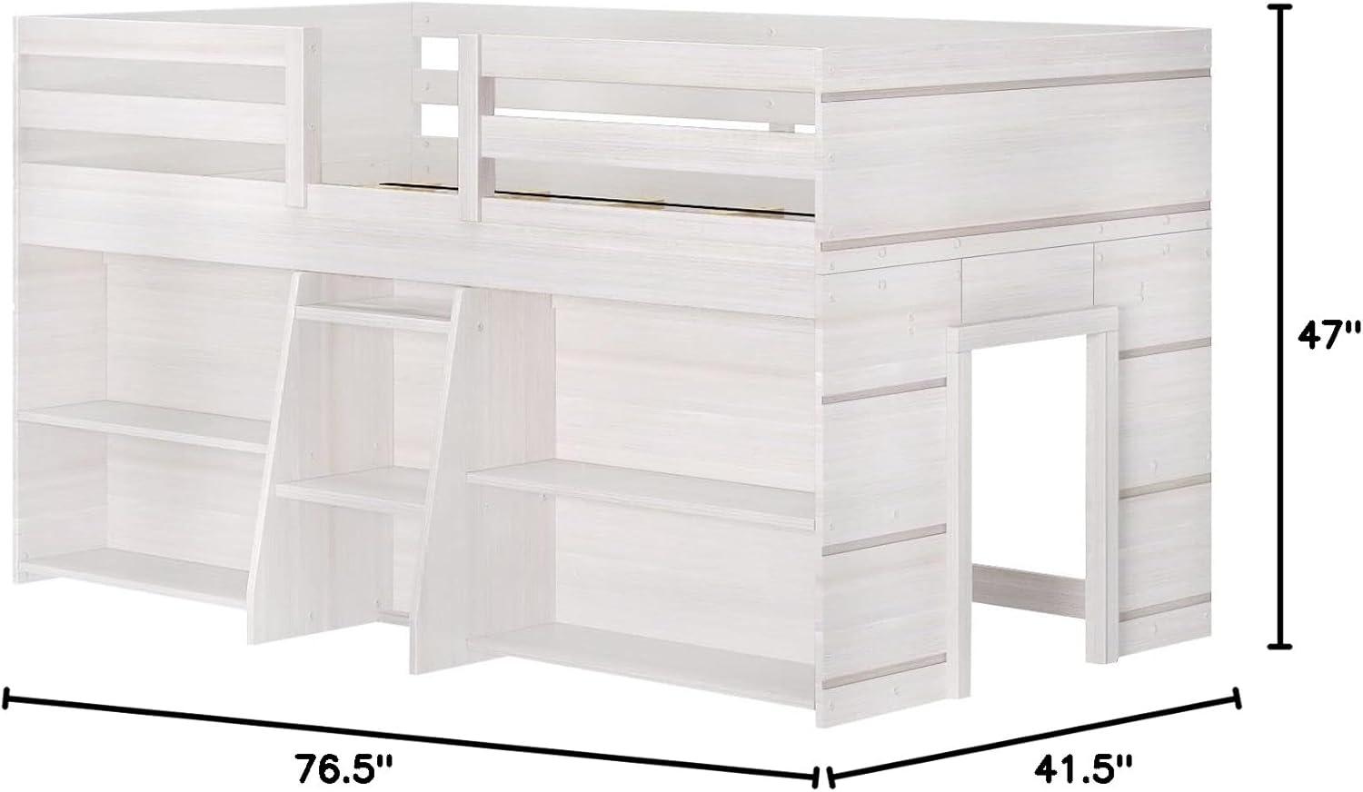 Max & Lily Loft Bed Twin Size, Solid Wood Low Loft Bed with 2 Bookcases and Ladder, Modern Farmhouse Loft Bed for Kids