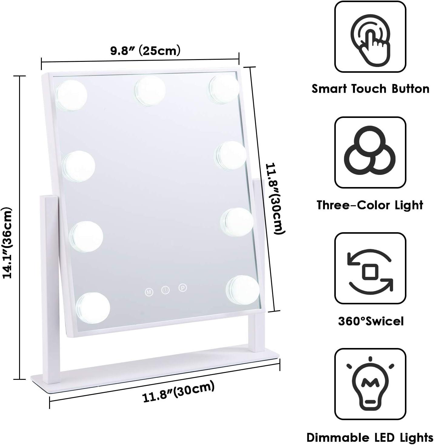 LinsCraft Lighted Makeup Mirror Hollywood Mirror Vanity Mirror With Lights, Touch Control Design 3 Colors Dimable LED Bulbs, Detachable 10X Magnification, 360°Rotation, (White) 12" L X 14" W