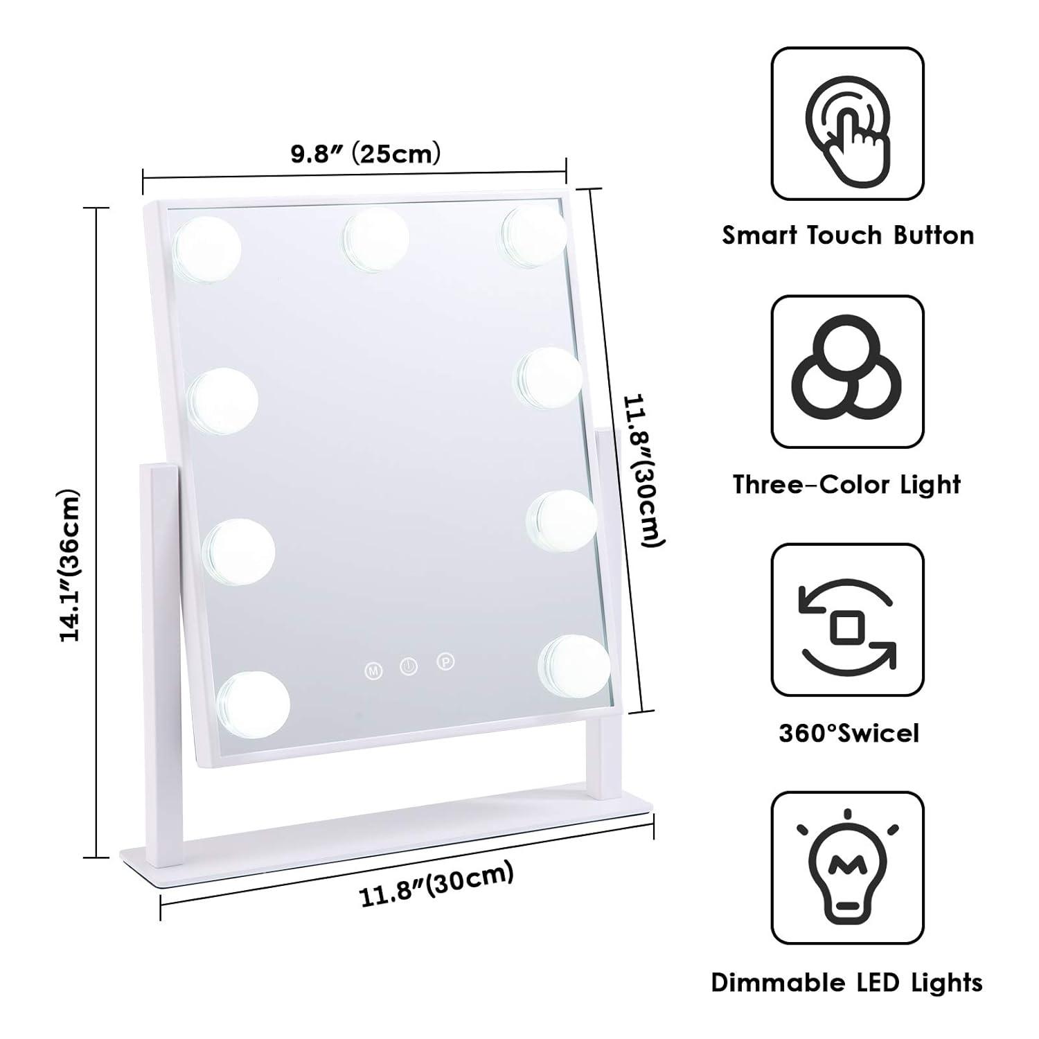 LinsCraft Lighted Makeup Mirror Hollywood Mirror Vanity Mirror With Lights, Touch Control Design 3 Colors Dimable LED Bulbs, Detachable 10X Magnification, 360°Rotation, (White) 12" L X 14" W