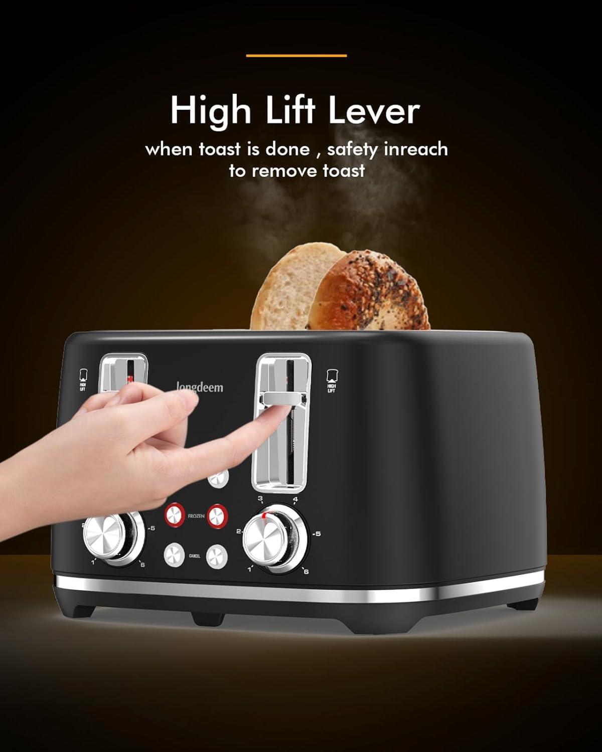 LONGDEEM 4 Slice Toaster, Extra Wide Slots, Longdeem Retro Stainless Steel Toasters, 6 Browning Options, Auto Shut Off & Frozen Function, Toast Fruit Bread, Bagel & Waffle
