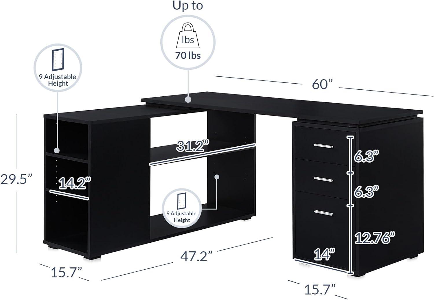 Black Wood L-Shaped Corner Computer Desk with Drawer and Filing Cabinet