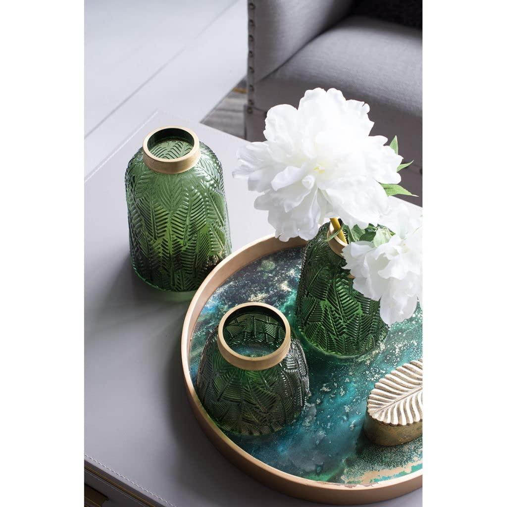 A&B Home Glass Vase with Vintage Green Leaf Pattern, Table Accent, 6 inches