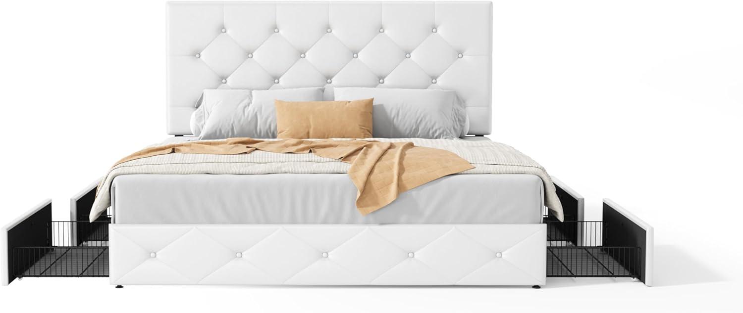 White Full Upholstered Platform Bed with Storage and Tufted Headboard