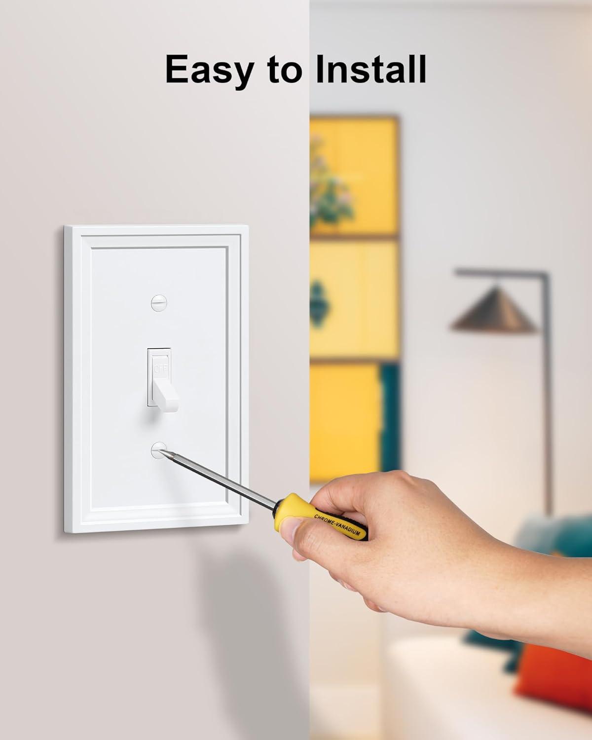 Modern Decorative Wall Plate Switch Plate Outlet Cover, Vintage Retro Wood Grain Design(Single Toggle-4 Pack, White)