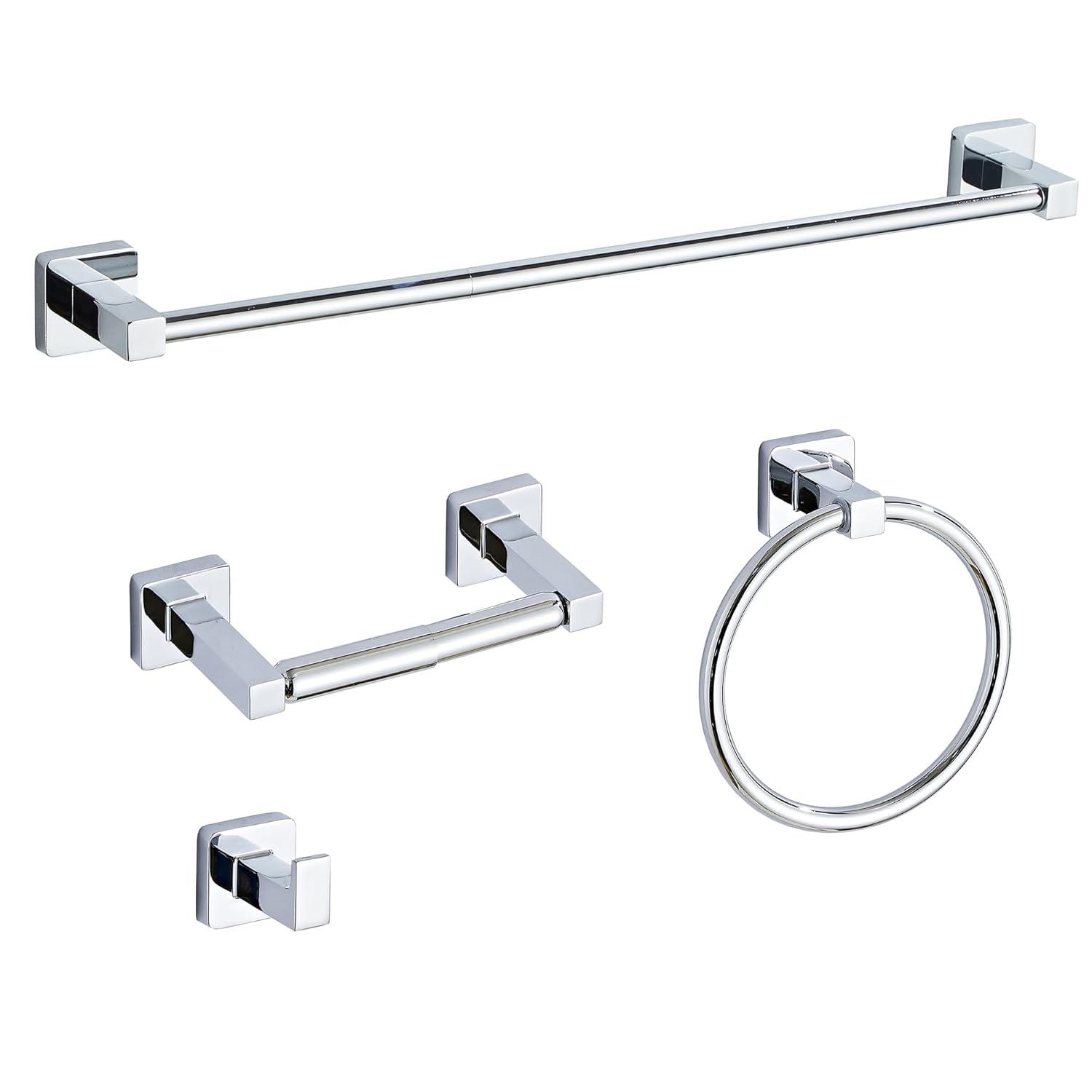 Chrome Bathroom Hardware Set 4 Pieces,Bathroom Accessories Set Stainless Steel Wall Mounted, Hand Towel Bar, Towel Ring, Robe Towel Hooks,Toilet Paper Holder,Towel Bar Set, 23.6 Inch