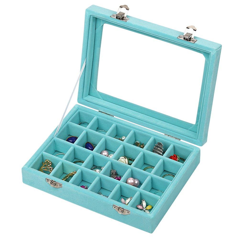 24 Grids Velvet Glass Ring Earrings Jewelry Box Earrings Organiser Storage Holder Display Case