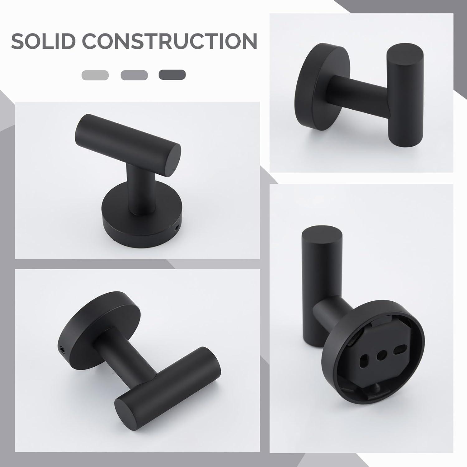 Angle Simple Matte Black Towel Hook 2 PCS, Stainless Steel Kitchen Bathroom Towel Holder, Round Coat Robe Hanger for Wall