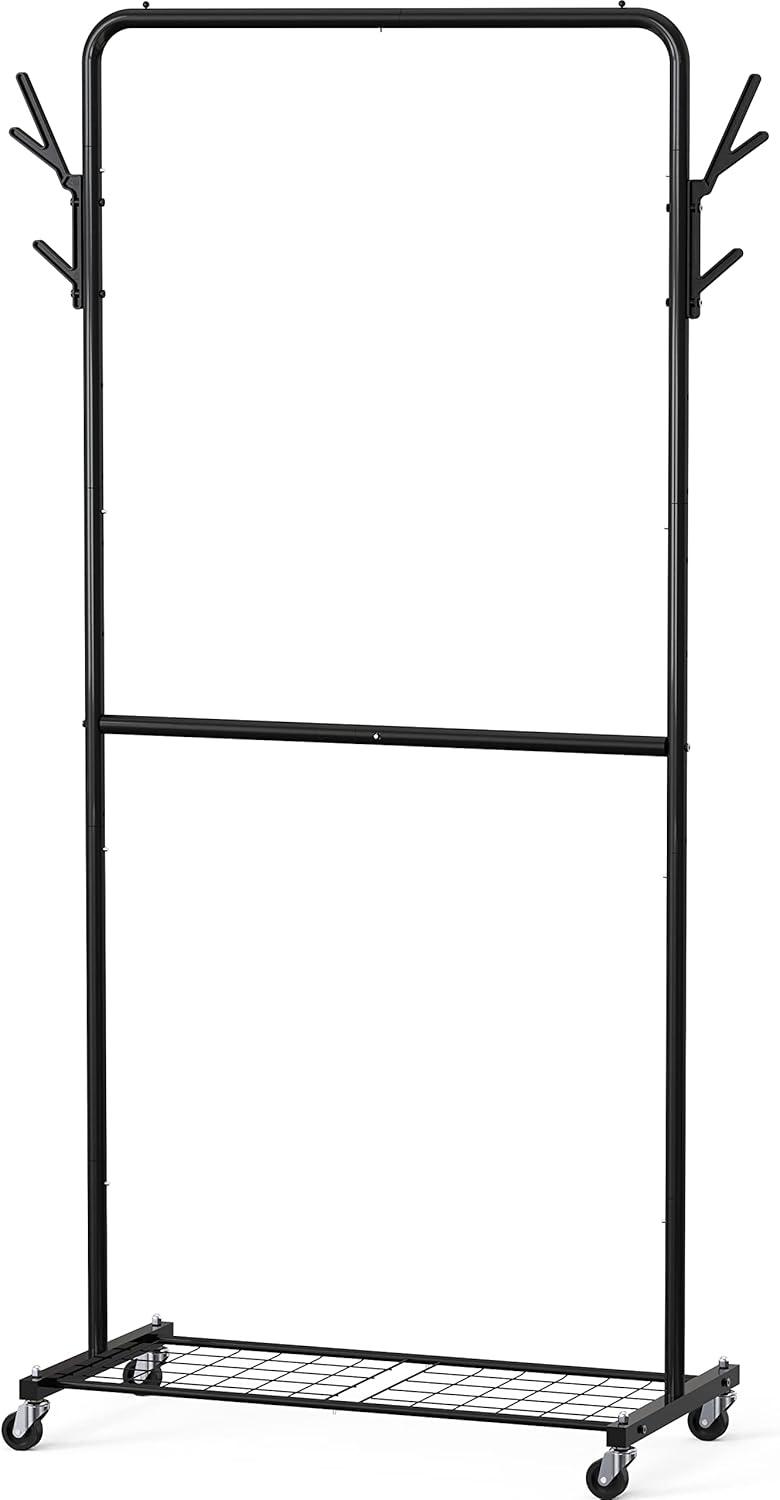 Black Metal Double Rod Garment Rack with Wheels and Hooks