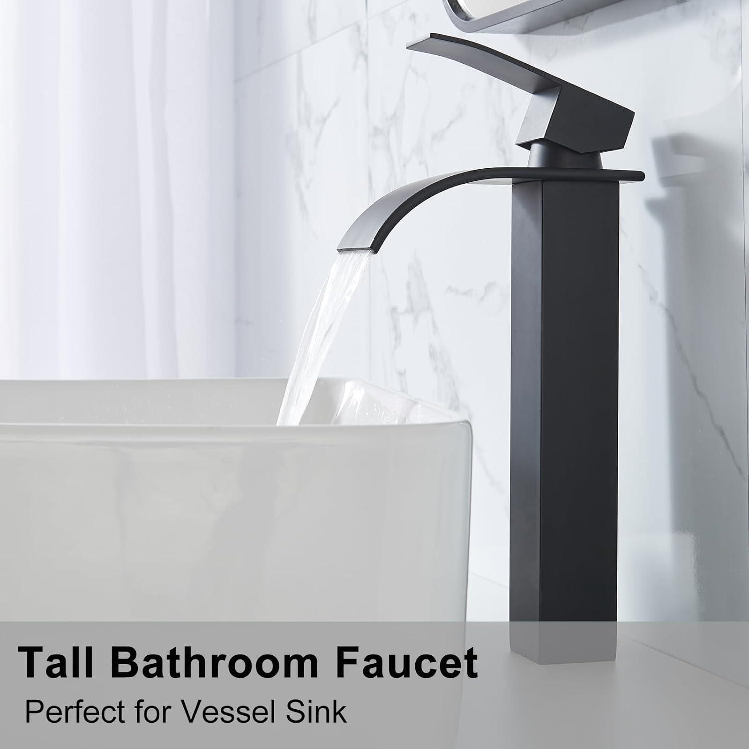 Waterfall Bathroom Faucet Single Handle，Bathroom Sink Faucet 1 Hole，Waterfall Faucet for Bathroom Sink，Vessel Sink Faucet Matte Black Tall Bathroom Faucet
