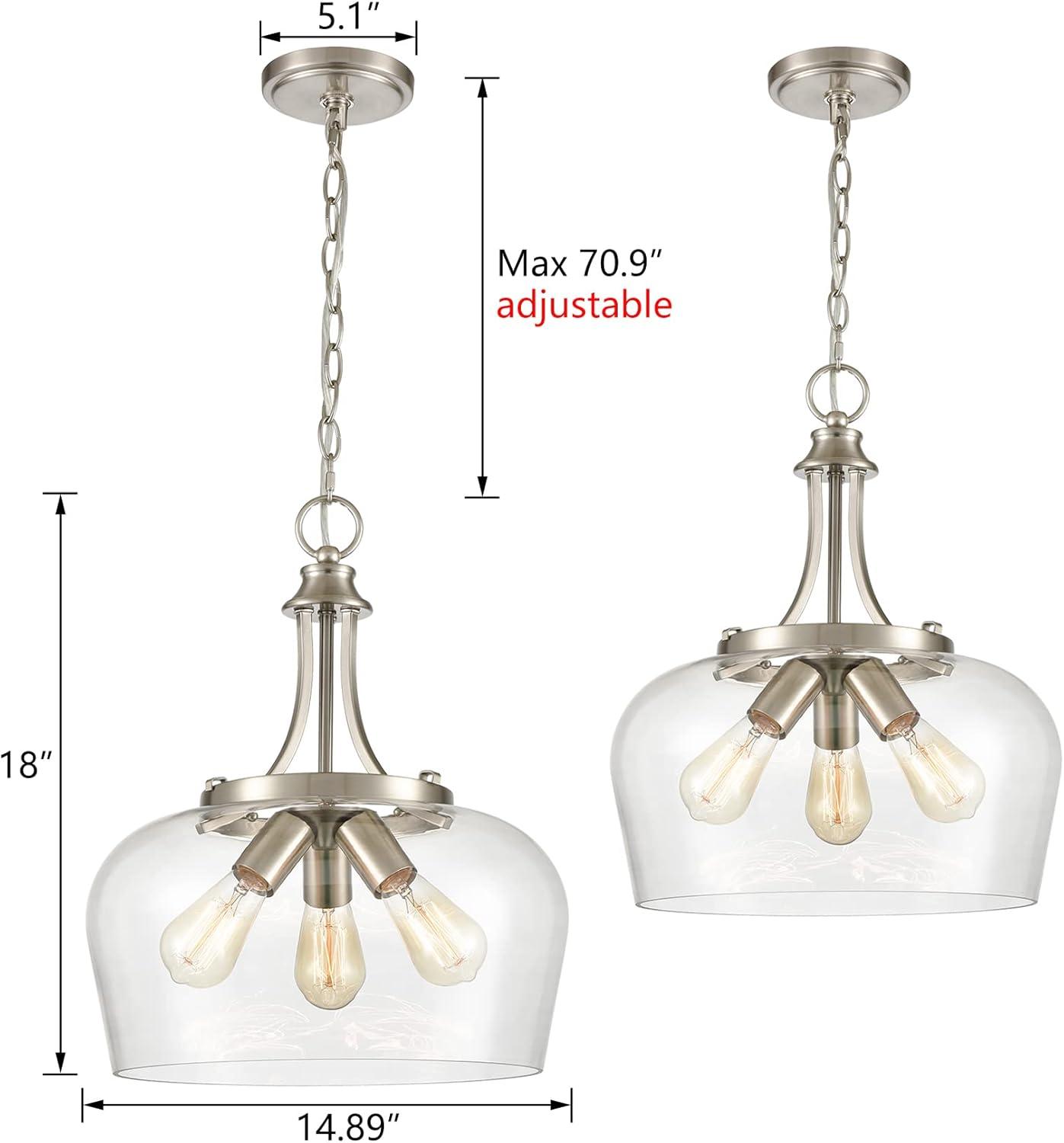 Modern Brushed Nickel 3-Light Clear Glass Pendant Light