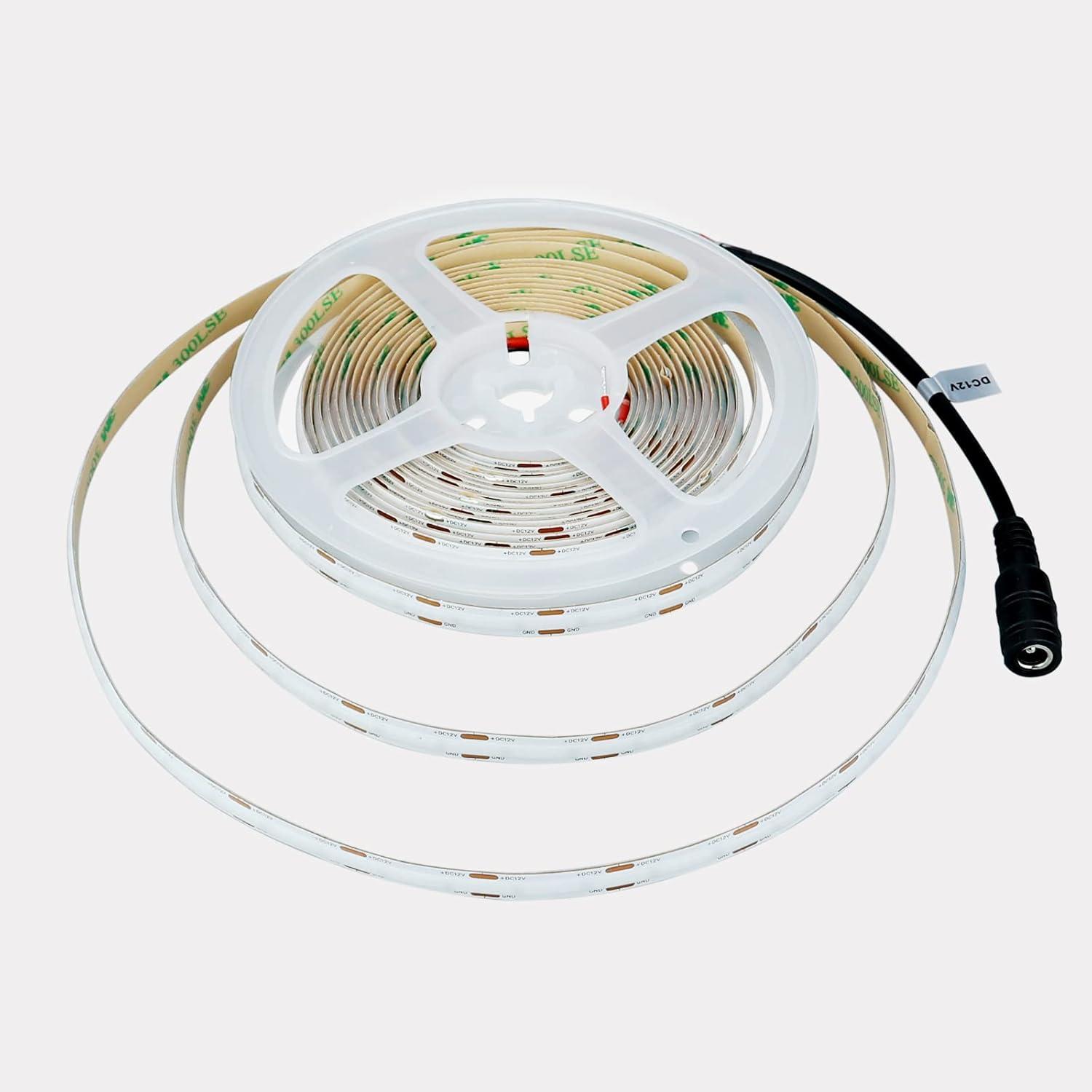 12V COB LED Strip Light Daylight White 5000K Waterproof IP65 480LEDs/M Super Bright 4000Lm CRI>90 16.4ft/5M Dotless High Density Cuttable Flexible for Cabinet Home DIY Lighting Projects