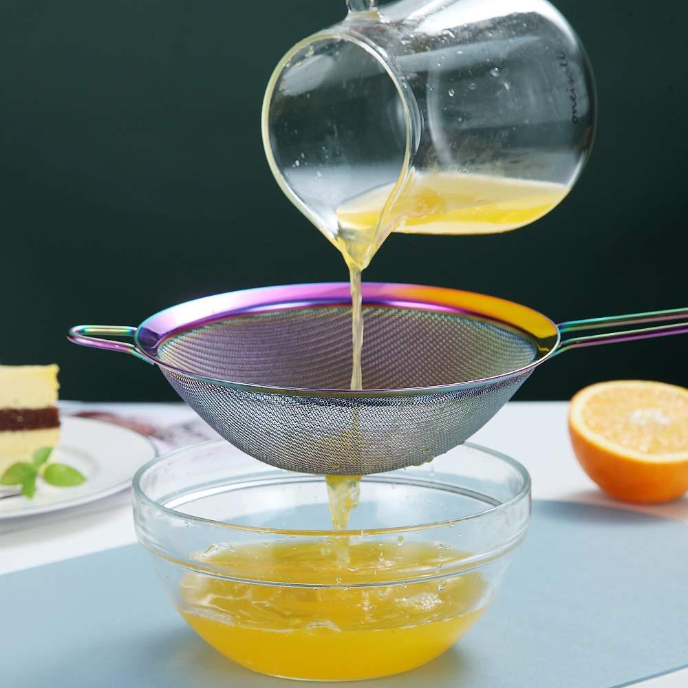 ReaNea Fine Mesh Strainer, Flour Sifter for Baking, Stainless Steel Colander, Tea Strainer Set of 3 (Rainbow)