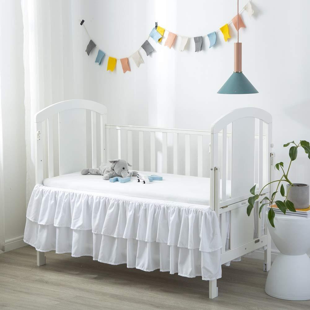 shuoli White Ruffled Crib Bed Skirt Double Layer Nursery Toddler Dust Ruffle Bedding Skirt 14" Deep Drop