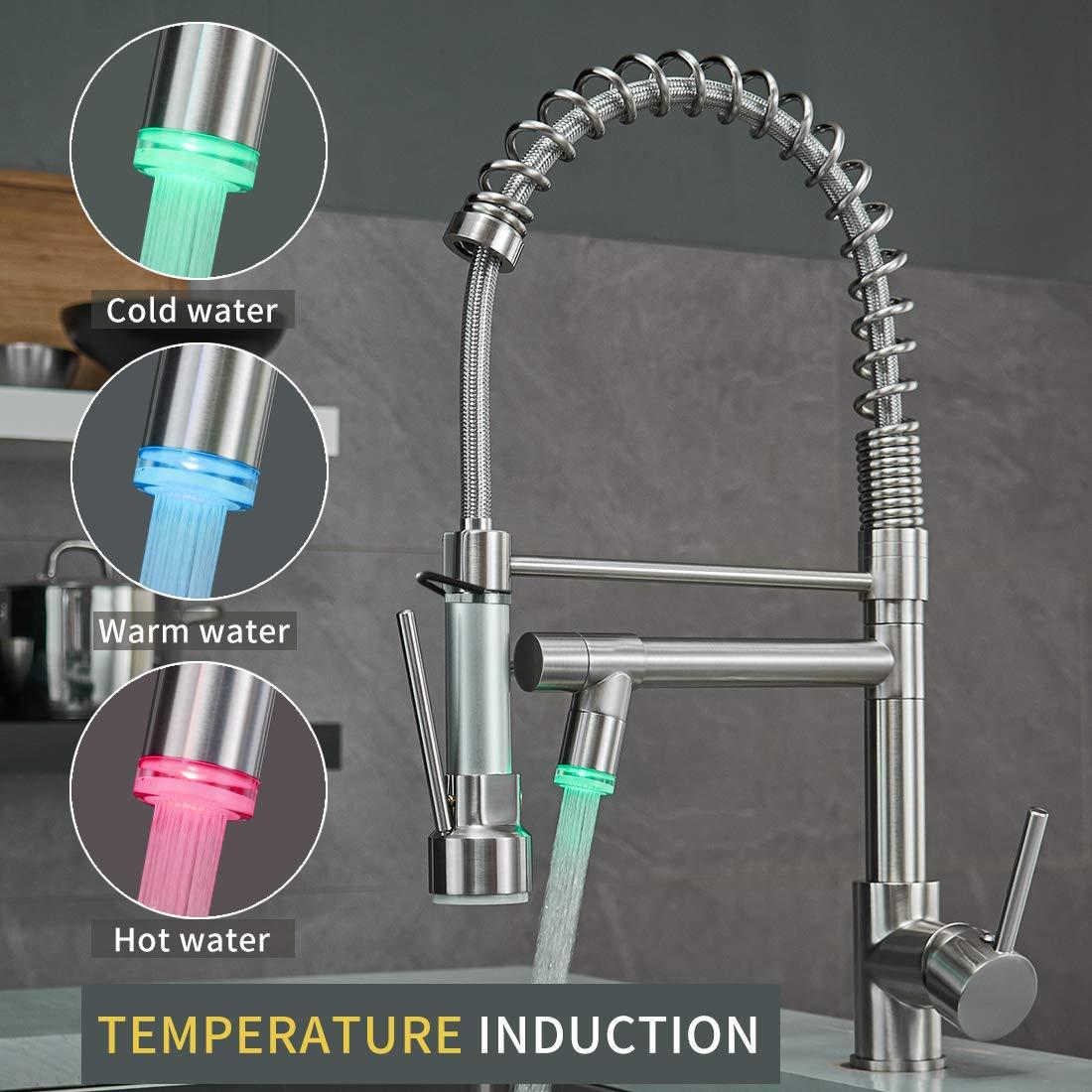 Qomolangma Commercial LED Kitchen Sink Faucet with Pull Down Sprayer, Modern Single Handle Kitchen Faucets with Light, Brushed Nickel