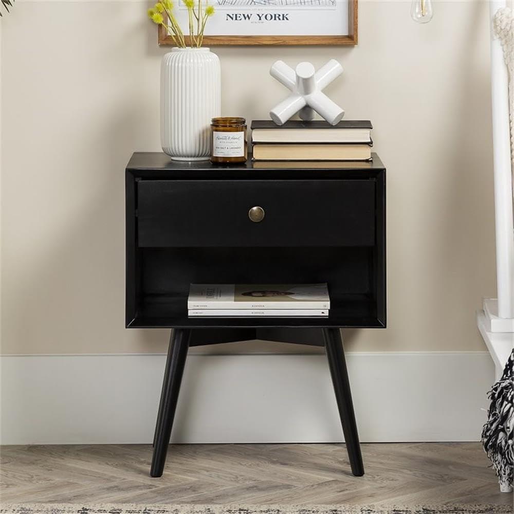 Mid-Century Modern Black Pine Wood 1-Drawer Nightstand