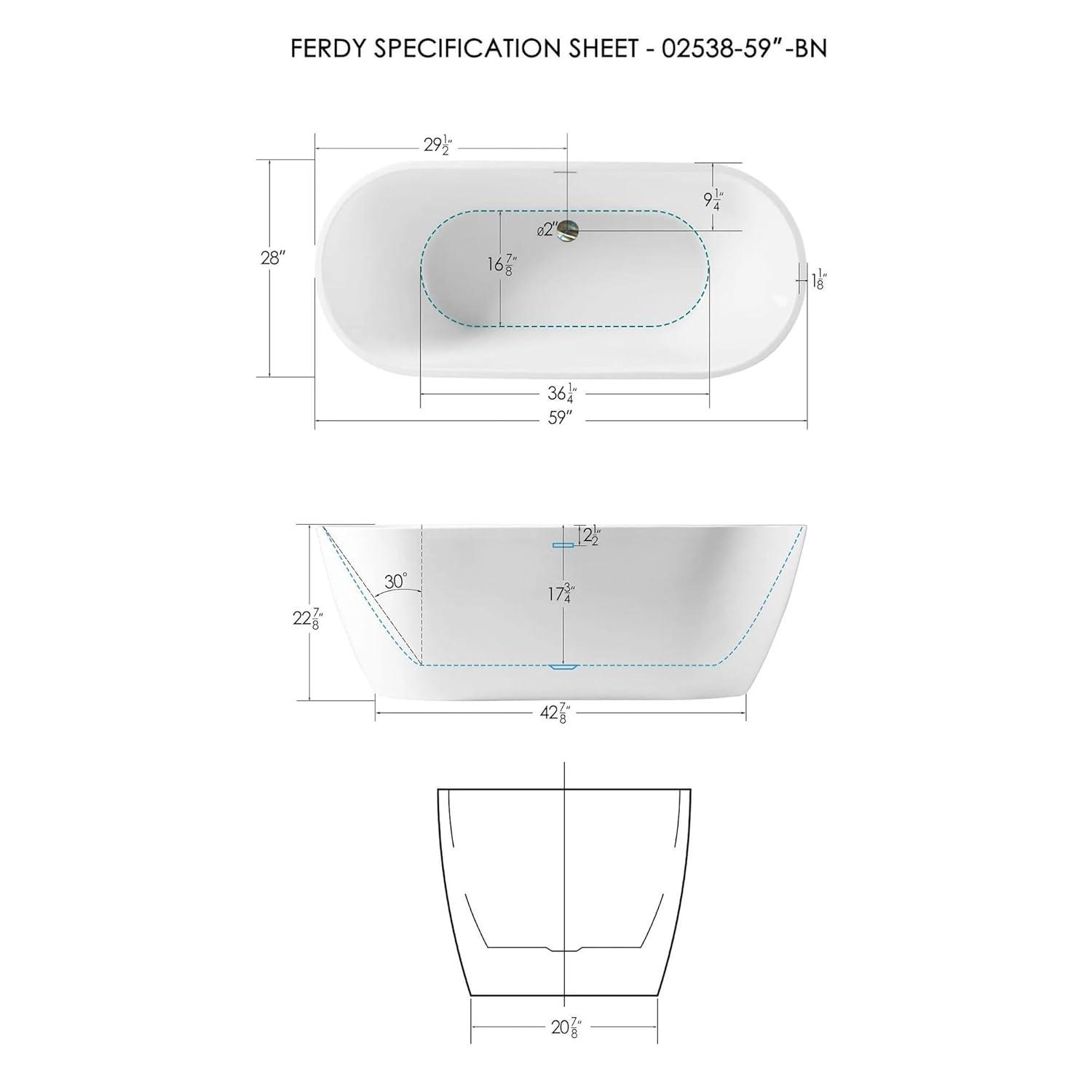 FerdY Bali Freestanding Soaking Acrylic Bathtub with Brushed Nickel Drain FerdY-02538-1500-BN