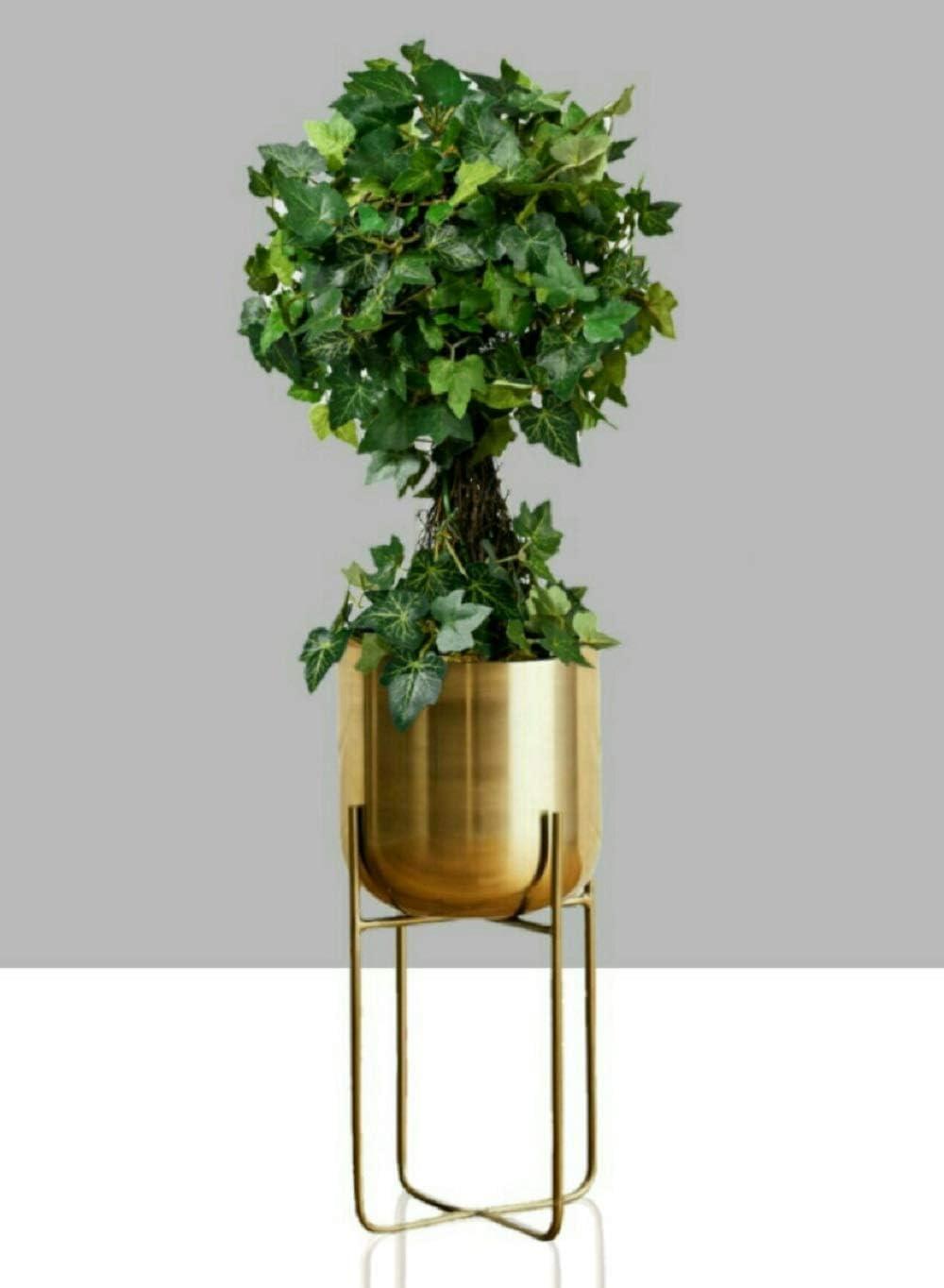 Serene Spaces Living Tall Gold Planter with Detachable Metal Stand - Modern Mid Century Decorative Indoor Plant Pot - Large Floor Planter for Living Room, Kitchen, Office - 24" H x 9.25" Diameter