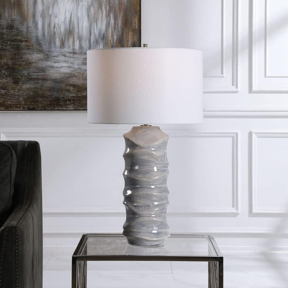 Modern Blue and White Ceramic Table Lamp with Drum Shade