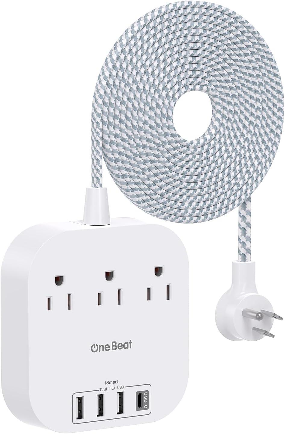 White Square Power Strip with 15ft Braided Cord and USB Ports