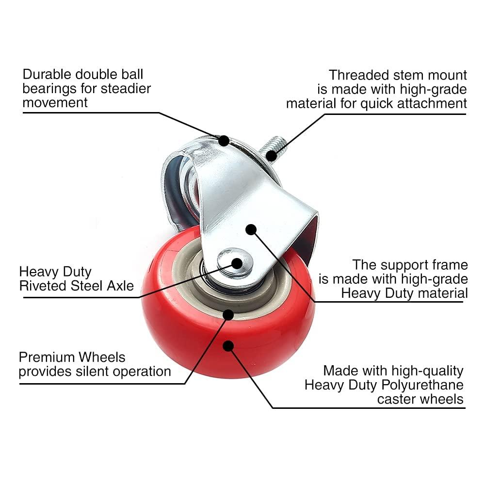 4 Pack Caster Wheels Swivel Plate Stem Casters On Red Polyurethane Wheels (3 inch Stem)