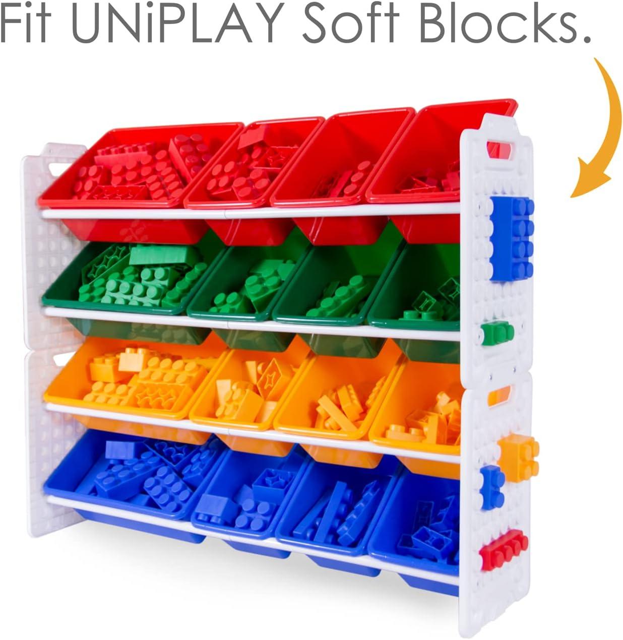 UNiPLAY Toy Organizer With 16 Removable Storage Bins, Multi-Bin Organizer for Books, Building Blocks, School Materials, Toys with Baseplate Board Frame (Primary)