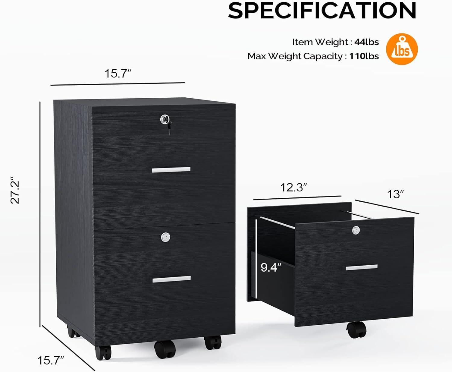 Black Mobile 2-Drawer Lockable Water-Resistant File Cabinet