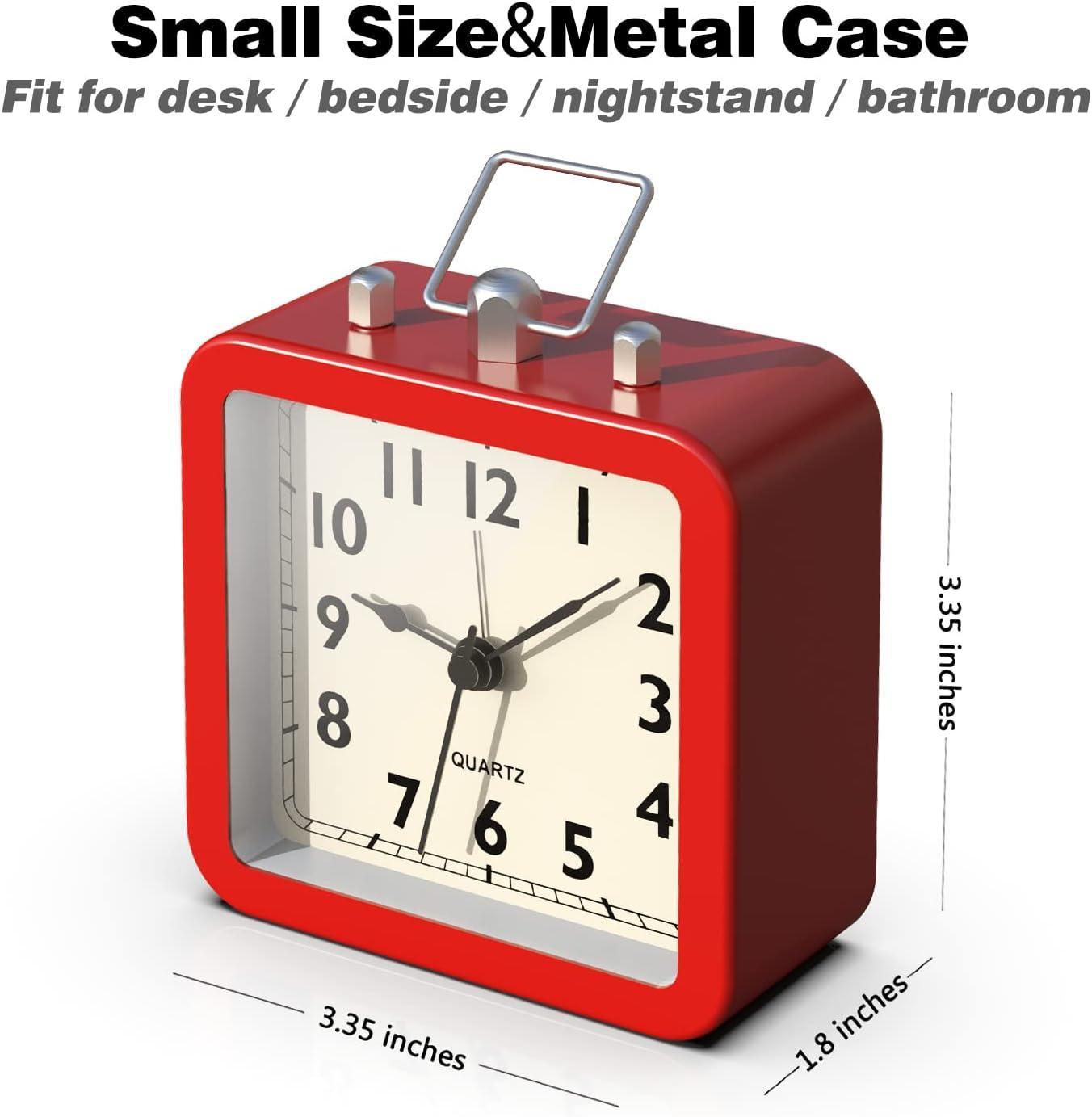 Alarm Clock with Square Metal Case, Non Ticking Battery Operated Small Square Clock for Bedside Desk Table Living Room