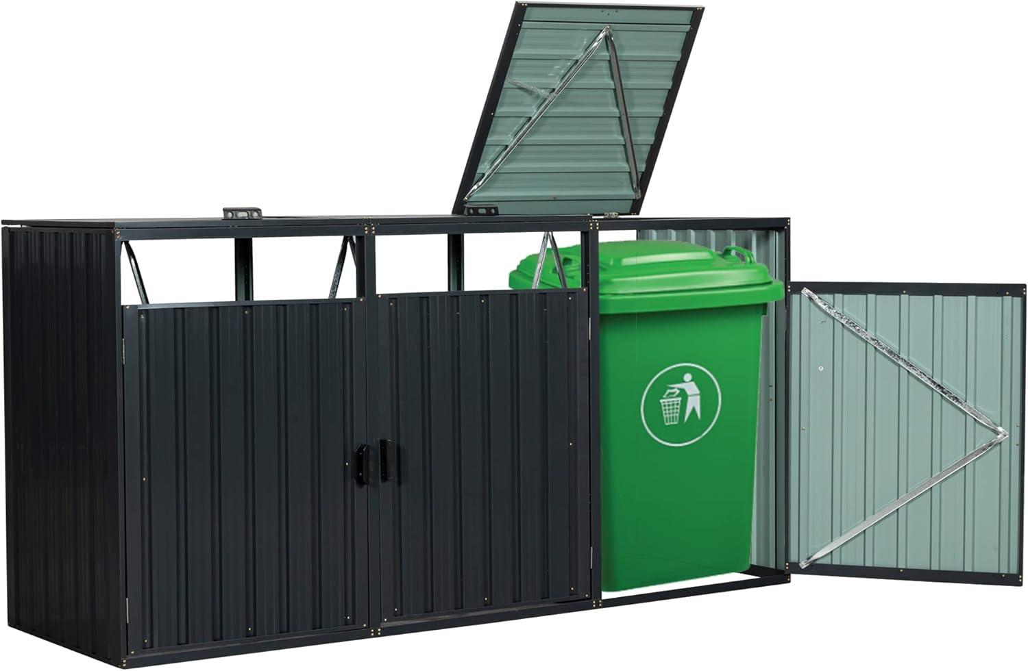 HLILish Garbage Bin Shed Stores 3 Trash Cans Metal Outdoor Bin Shed For Garbage Storage,Stainless Galvanized Steel, Bin Shed For Garden Yard Lawn