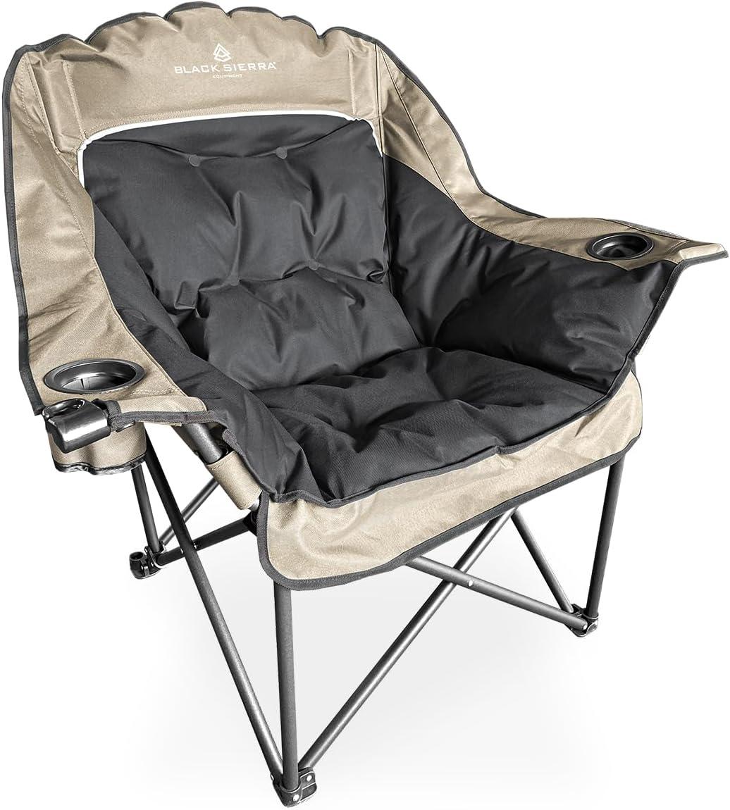 Oversized Black and Beige Padded Outdoor Folding Chair with Cup Holders