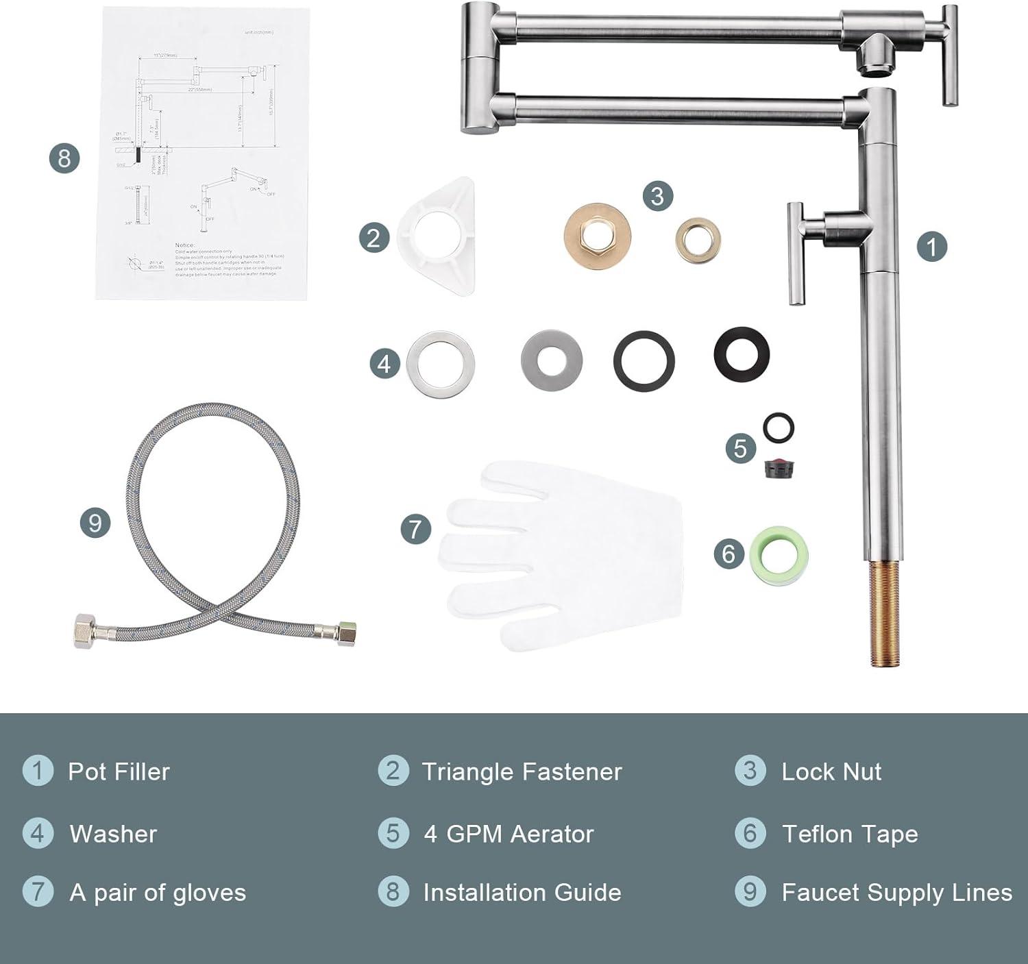 WOWOW Pot Filler Faucet Deck Mount Stove Faucet, Solid Brass Pot Filler Brushed Nickel Kitchen Folding Faucet with Stretchable Double Joint Swing Arm (Modern Style, Brushed Nickel)