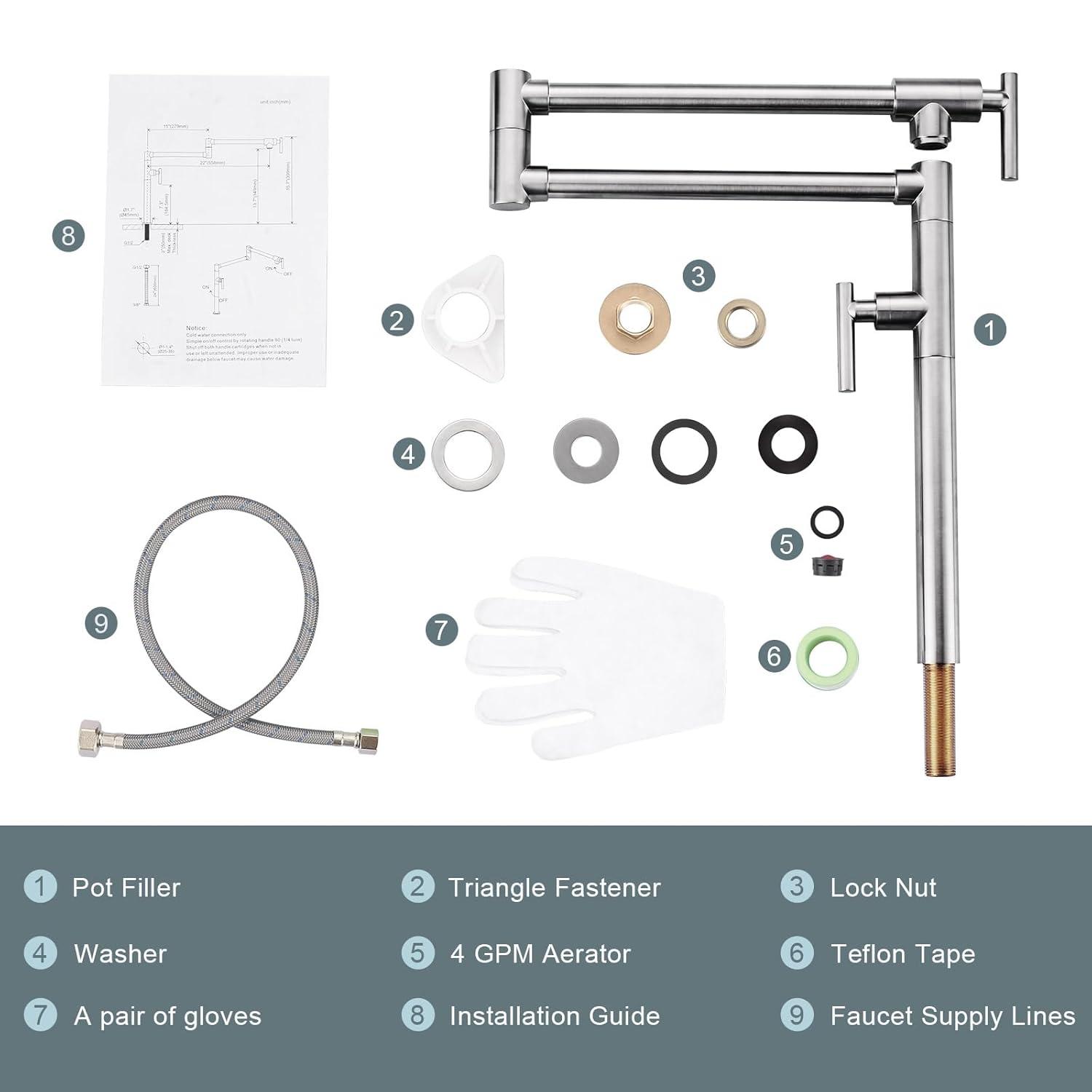 Wowow Pot Filler Faucet Deck Mount Stove Faucet, Solid Brass Pot Filler Brushed Nickel Kitchen Folding Faucet