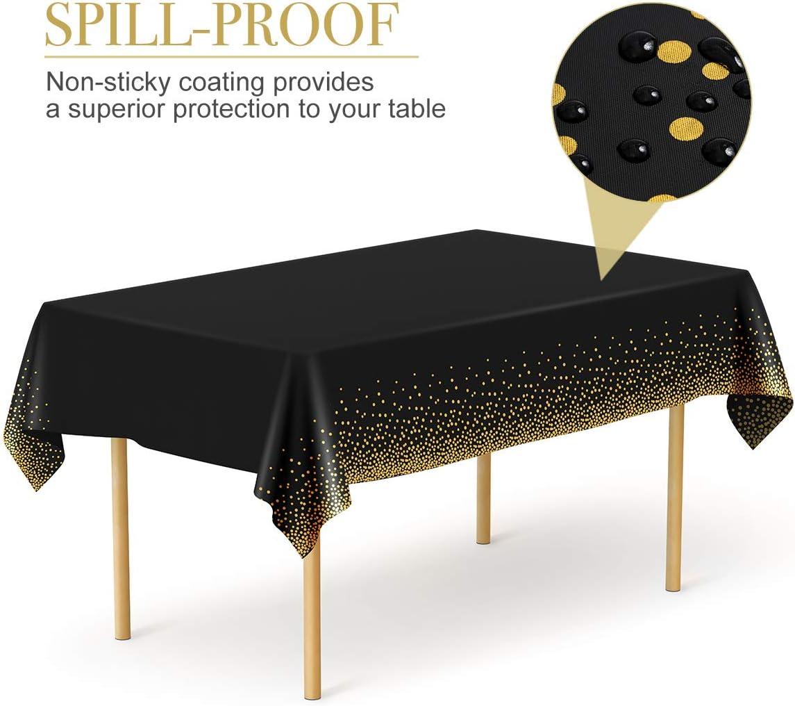 HOMIX Black and Gold Plastic Tablecloths for Rectangle Tables, 6 Pack Disposable Party Table Cloths, Gold Dot Table Covers with 30 Balloons for Birthday, Graduation, Cocktail Parties 54" x 108"