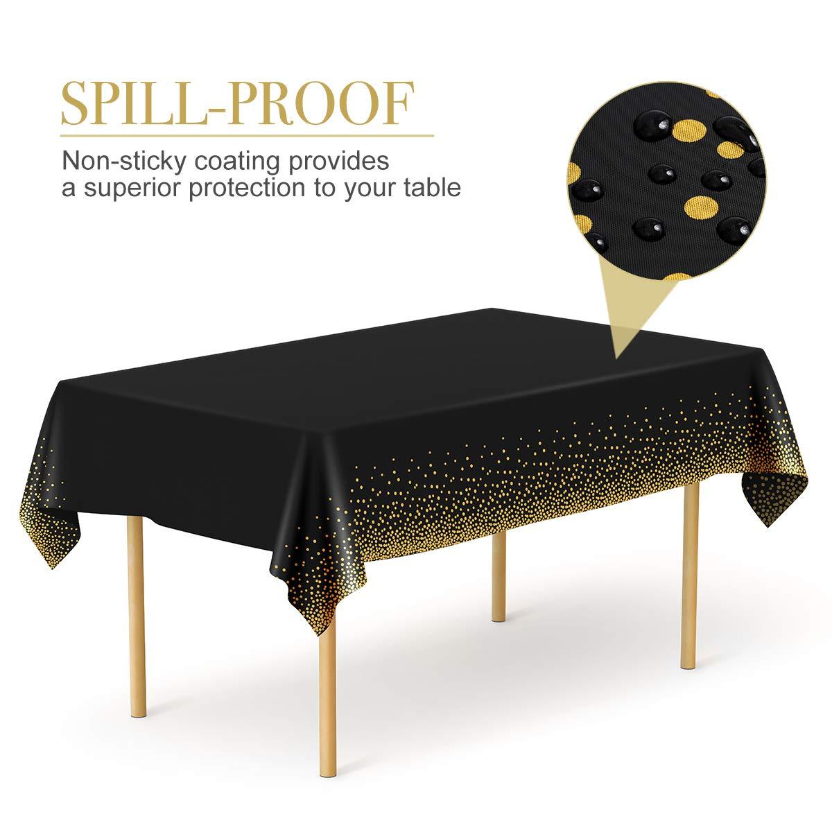 HOMIX Black and Gold Plastic Tablecloths for Rectangle Tables, 6 Pack Disposable Party Table Cloths, Gold Dot Table Covers with 30 Balloons for Birthday, Graduation, Cocktail Parties 54" x 108"