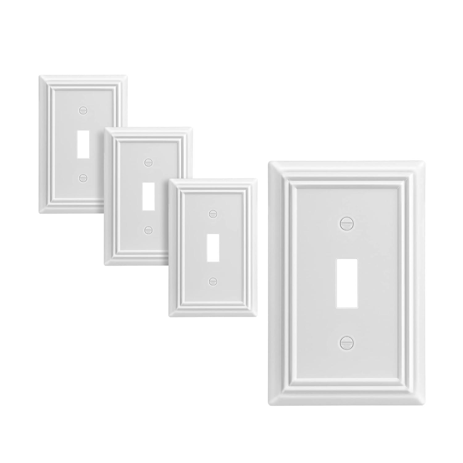 Modern Decorative Wall Plate Switch Plate Outlet Cover, Vintage Retro Wood Grain Design(Single Toggle-4 Pack, White)