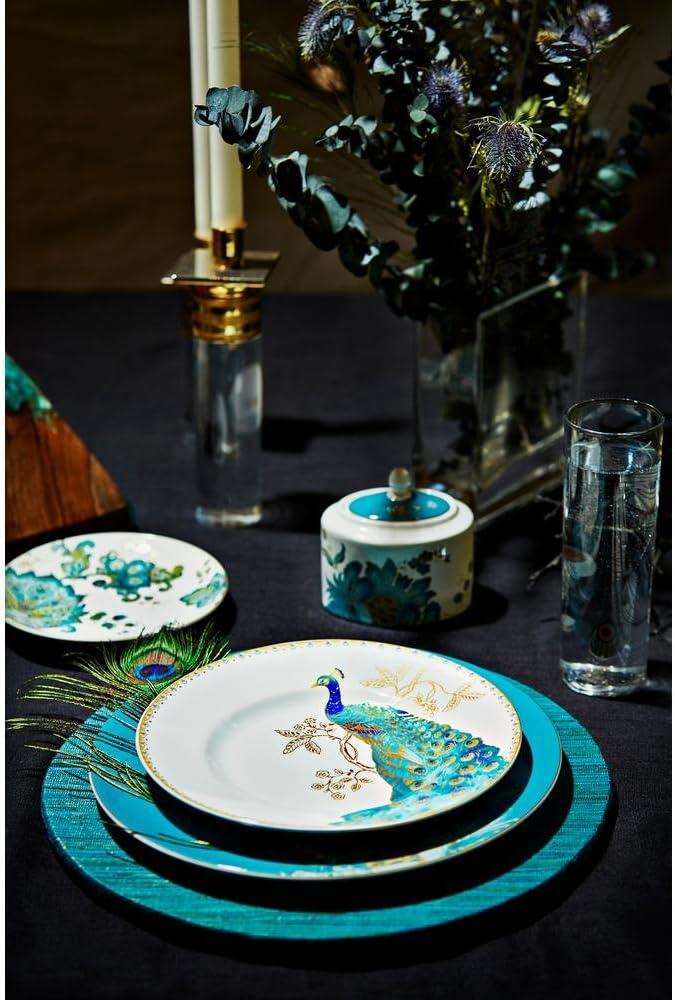 222 Fifth Peacock Garden Porcelain 16pc Dinnerware Set White: Round Dish Set, Service for 4, Bird Pattern, Dishwasher-Safe