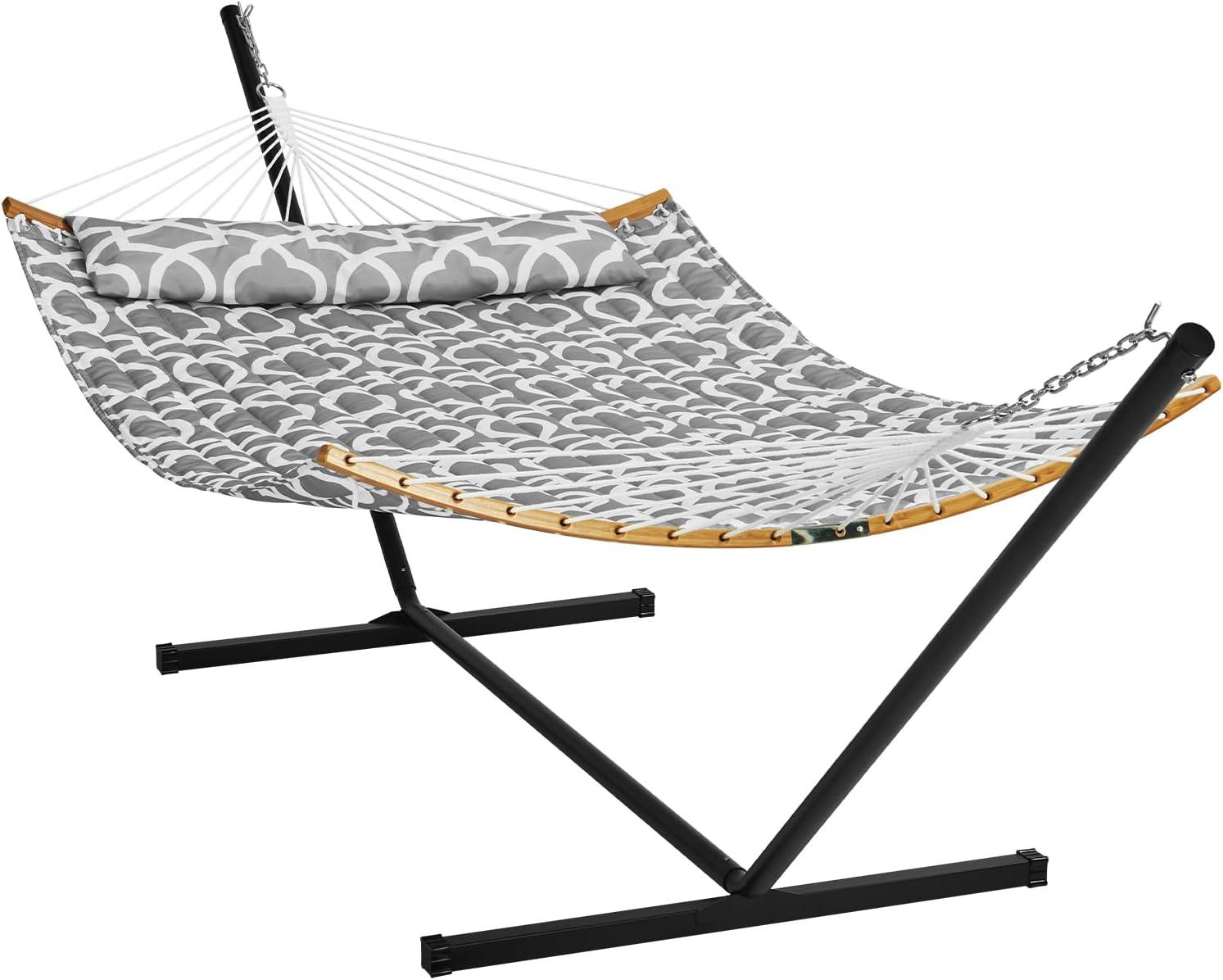 Gray Double Quilted Fabric Hammock with Stand and Pillow