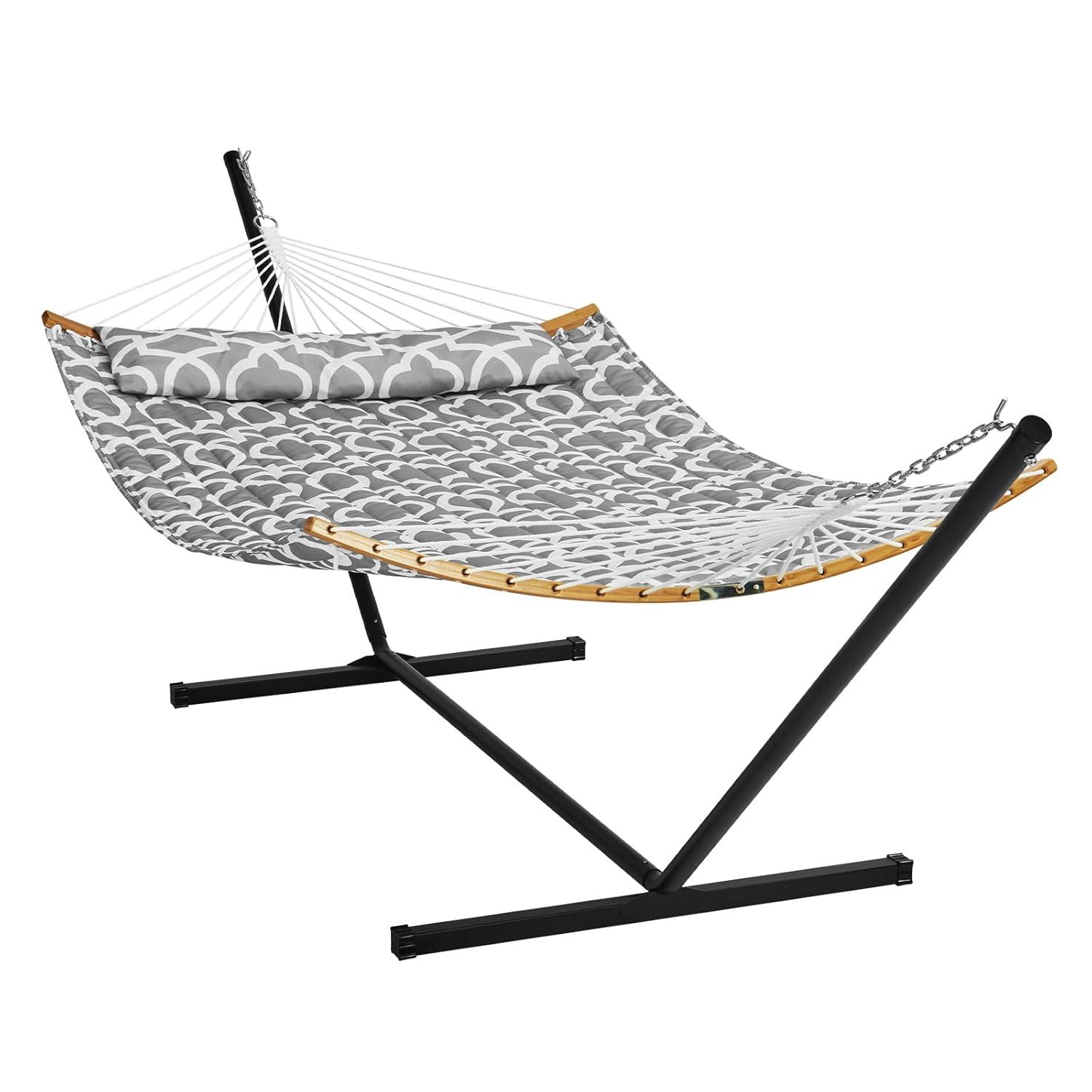 2 Person 12.3 ft Hammock with Stand Included Double Hammock with Curved Spreader Bar and Detachable Pillow