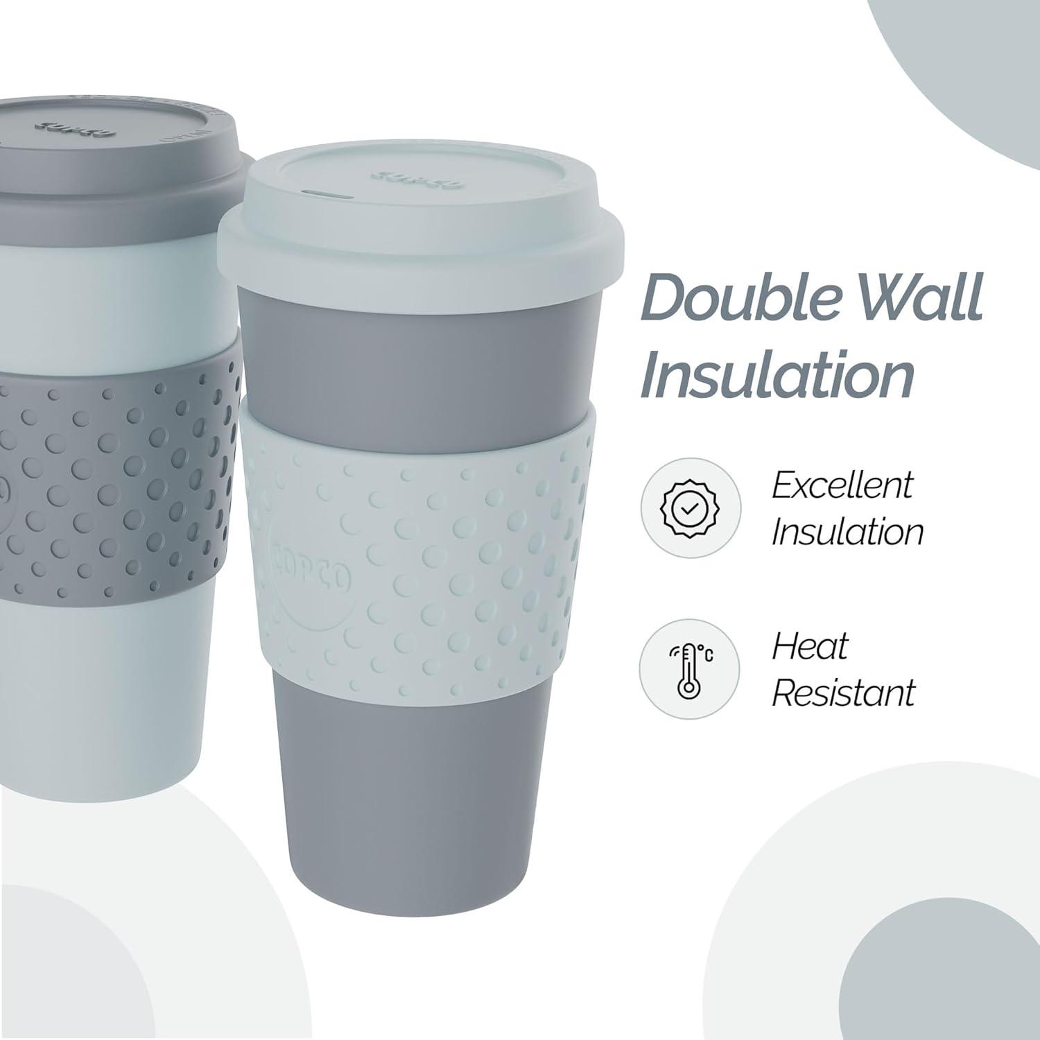 Copco Acadia To Go Mug Set of 2, 16 Ounce Reusable Coffee Cups with Lids, Durable & BPA-Free, Travel Mugs Double-Wall Insulation, Aqua & Gray