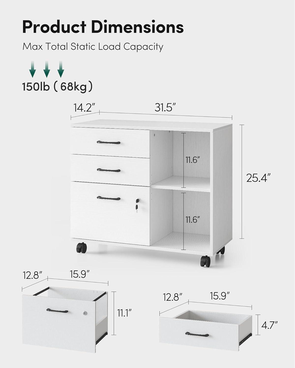 White 3-Drawer Wood File Cabinet with Lock and Open Storage