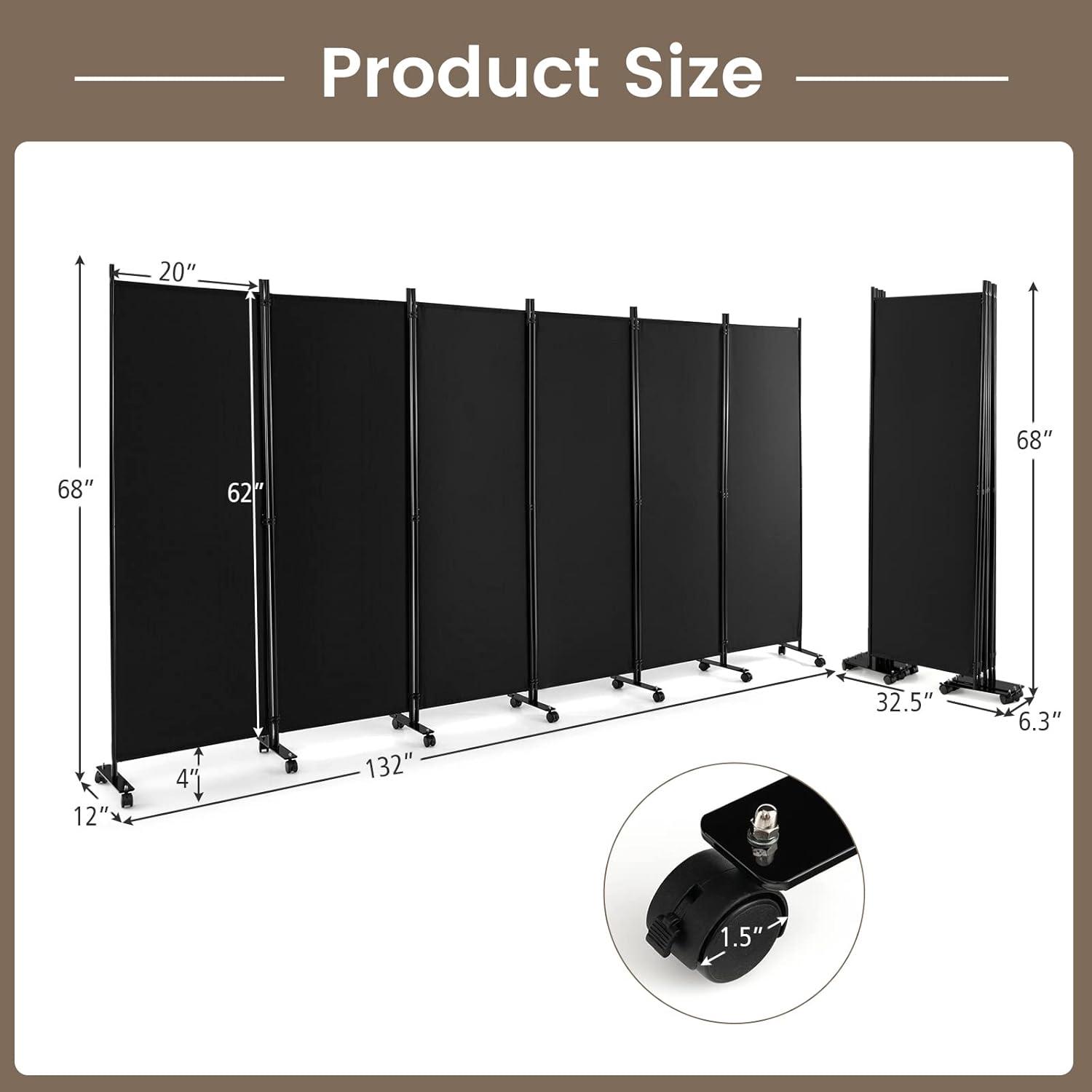 Costway 6-Panel Folding Room Divider 6FT Rolling Privacy Screen with Lockable Wheels Black