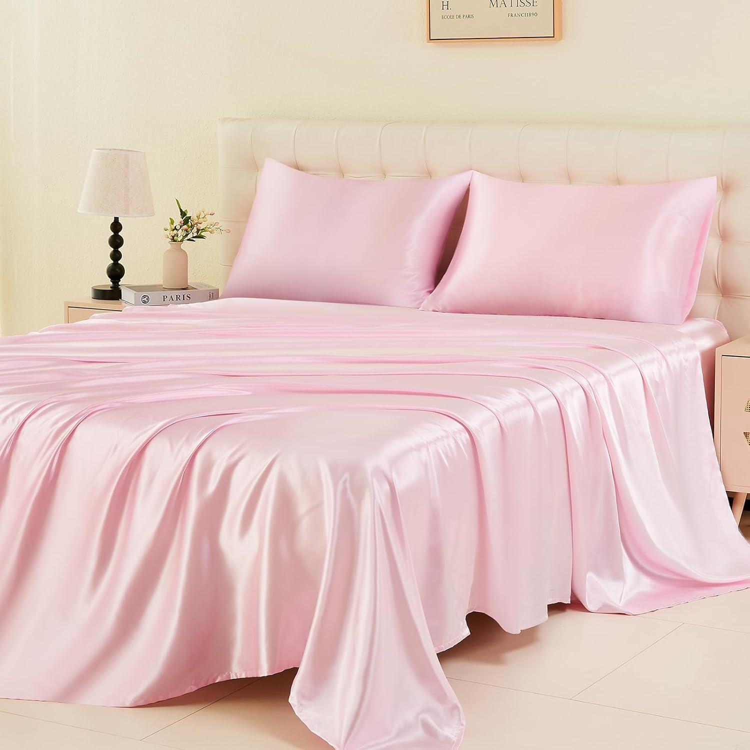 ANMINY Satin Sheets Twin Silk Sheets Bean Paste Color Bed Sheet Set Deep Pocket Bed Flat Fitted Sheet, 3-Pieces