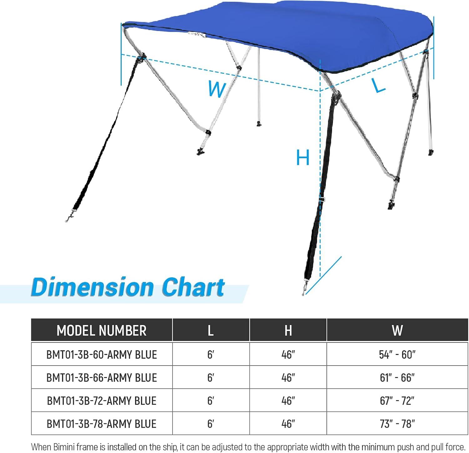 AA Products 3 Bow Bimini Top Cover Sun Shade Boat Canopy Waterproof Includes Storage Boot with Aluminum Frame, 46" Height with Rear Support Poles