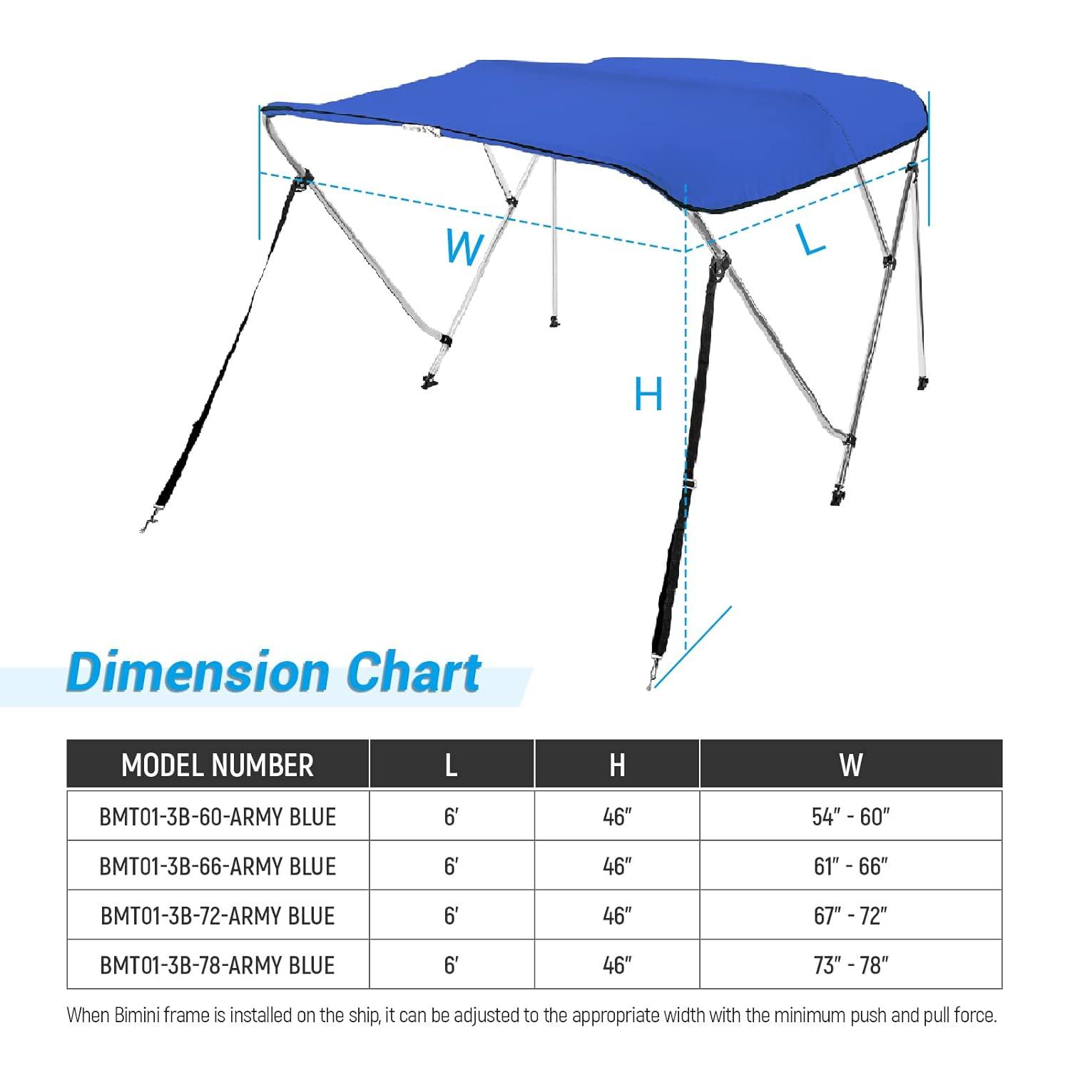 AA Products 3 Bow Bimini Top Cover Sun Shade Boat Canopy Waterproof Includes Storage Boot with Aluminum Frame, 46" Height with Rear Support Poles