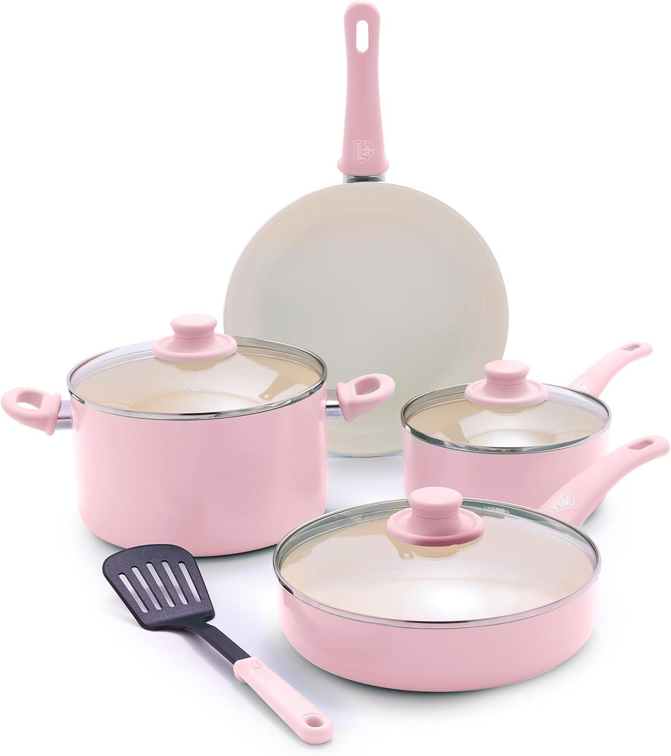 GreenLife 8 Piece Nonstick Cookware Set, Non-Toxic PFAS-Free Ceramic Pots & Pans, Dishwasher & Oven Safe, Frying, Sauce, Stock Pot, Glass Lids, Stay-Cool Handles, Wobble Free, Light Pink