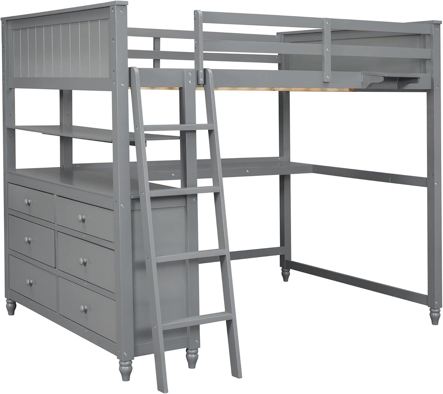 Full Size Loft Bed with Desk and Storage Drawers, Wood Loft Bed Frame with Shelves and Ladder for Kids Adults Boys Girls Teens, Gray