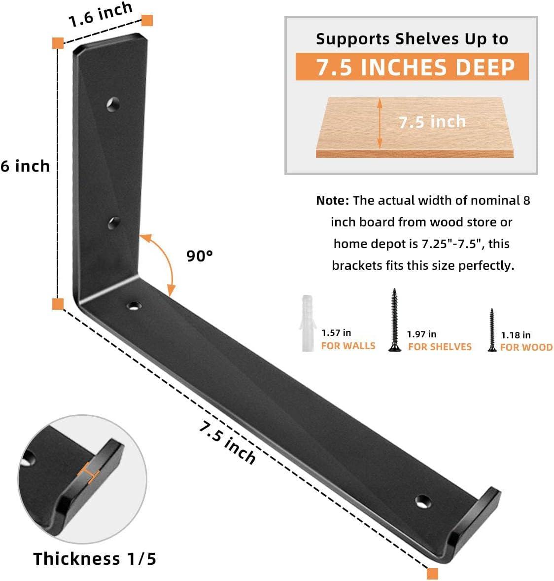 Shelf Brackets 8 Inch, Heavy Duty Black Metal Floating Shelf Bracket, Rustic Farmhouse Decorative Iron L Bracket with Lip/Hook, J Brackets Wall Angel Corner Brace for Wood Shelves - 6 Pack