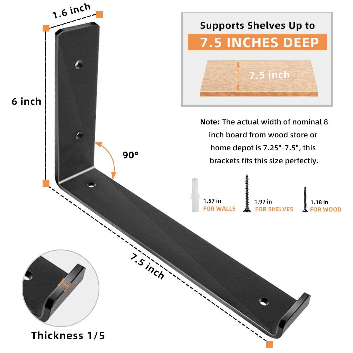 Shelf Brackets 8 Inch, Heavy Duty Black Metal Floating Shelf Bracket, Rustic Farmhouse Decorative Iron L Bracket with Lip/Hook, J Brackets Wall Angel Corner Brace for Wood Shelves - 6 Pack