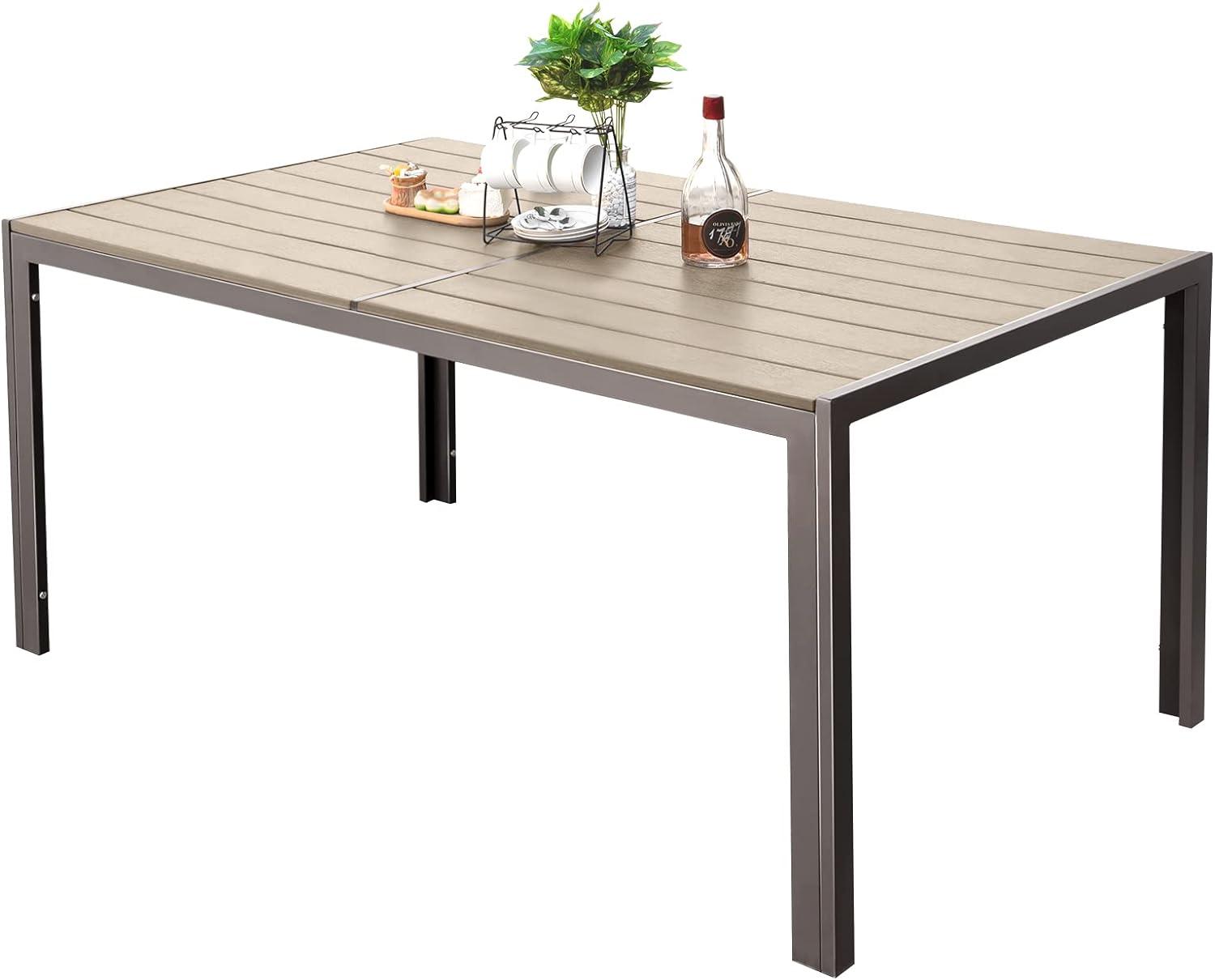 Rectangular Beige and Gray Outdoor Dining Table with Metal Frame