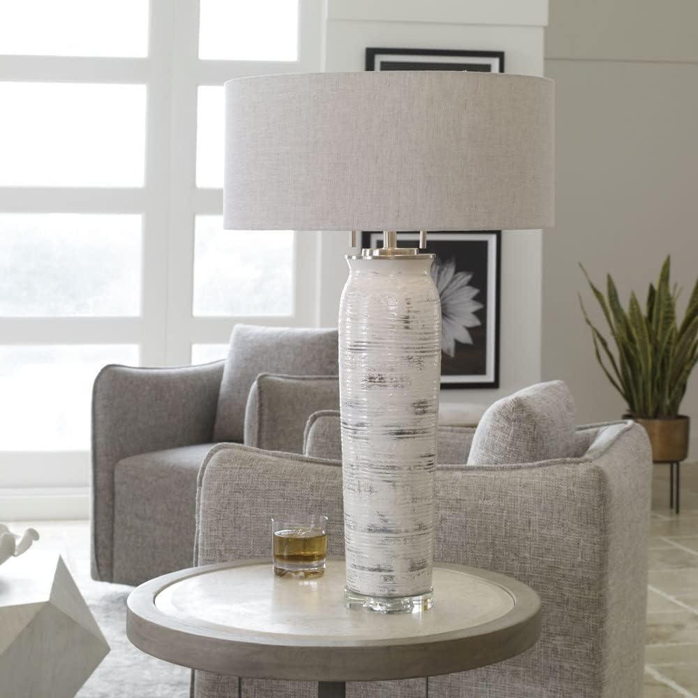 Distressed Off-White Ceramic Table Lamp with Drum Shade