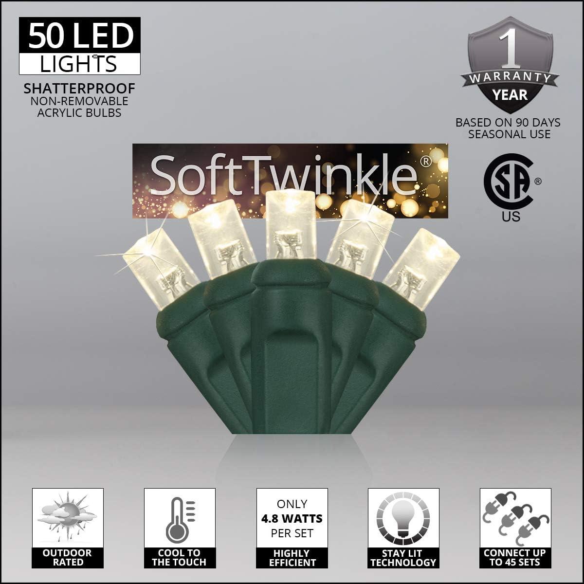 SoftTwinkle LED Warm White Twinkle Christmas Lights for Bedroom Dorm, 50 CT, 17 ft, Green Wire, Connectable